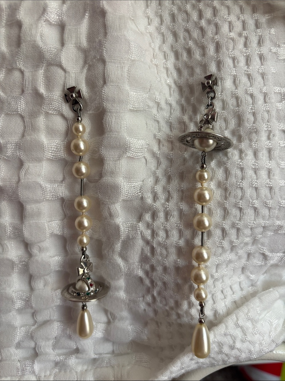 Vivienne Westwood Cream Pearl Orb Drop Earrings with Silver Tones